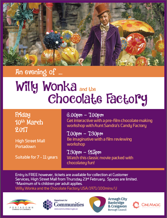 indulge your senses at an evening of willy wonka and the chocolate willy wonka and the chocolate factory flyer