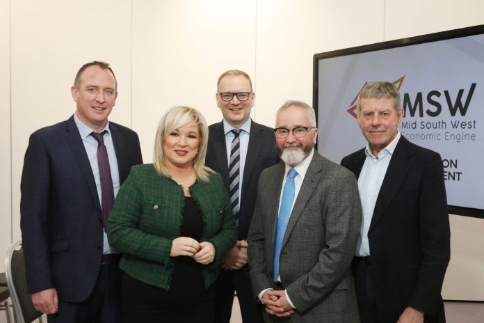 Pictured left to right Councillor Cathal Mallaghan, Deputy First Minister Michelle O’Neill, Armagh City, Banbridge and Craigavon Borough Council Chief Executive Roger Wilson, Professor Gordon Matheson and Councillor Robert Irvine.