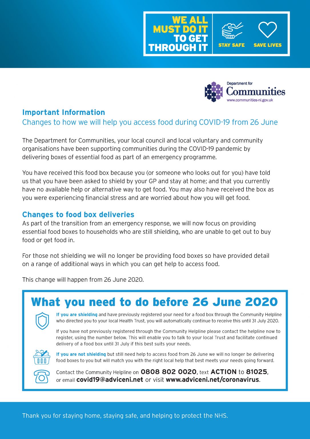 Important Information Changes to how we will help you access food during COVID-19 from 26 June