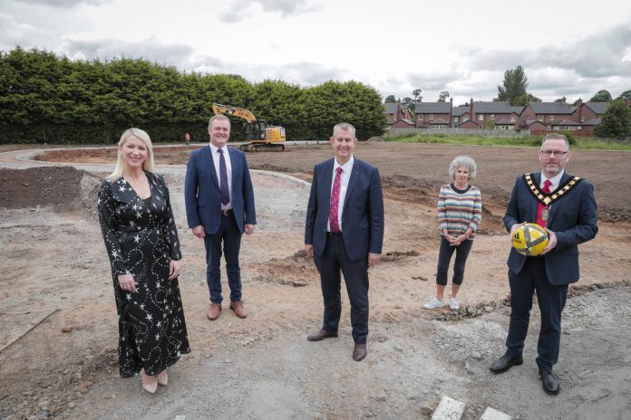 Pic 1 (Magheralin) The village of Magheralin is to benefit from a new community soccer pitch following funding of £133,448 from DAERA under the LEADER element of the Rural Development Programme. Pictured at the site of the new soccer pitch as work gets underway is (from left-right) Roisin McAliskey – Vice Chair SOAR Local Action Group, Councillor Kyle Savage – Chair of SOAR ABC Local Action Group, DAERA Minister Edwin Poots MLA, Caitriona Hughes Chairman of Magheralin Community Association and Councillor Kevin Savage, Lord Mayor Armagh City, Banbridge and Craigavon.