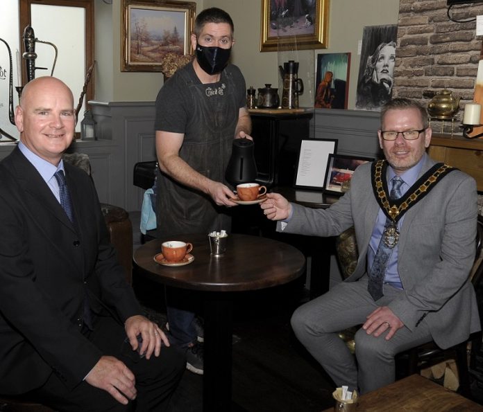 NEWS Pictured Lord Mayor of Armagh City, Banbridge and Craigavon with Councillor Kevin Savage, Chair of Economic Development and Regeneration Committee, Councillor Brian Pope and Brian King from Craic’d Pot, Armagh.