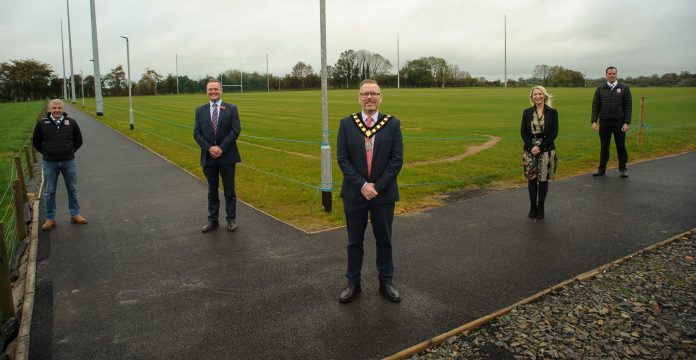Middletown GAC SOAR funding 2020 (1) Four men and one woman pictured outside at a new football pitch and walking trail