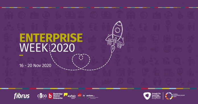 2479. ENTERPRISE WEEK 2020 SOCIAL MEDIA 1200x630px Logo of enterprise week which has a purple background and an image of a rcoket
