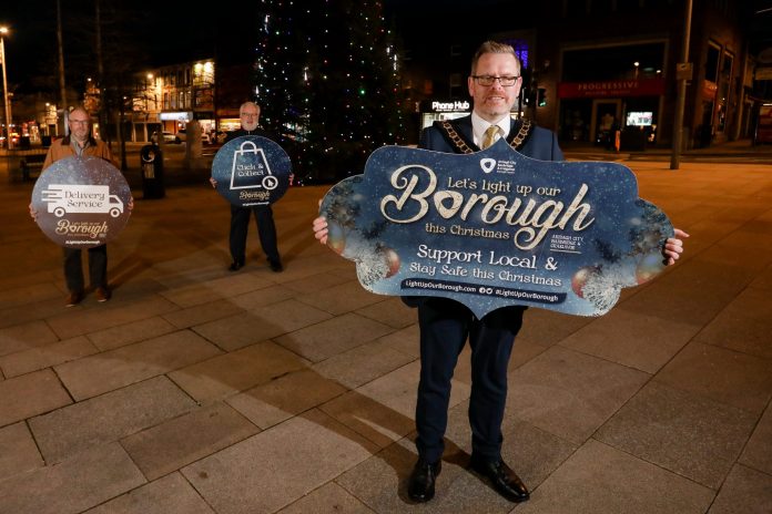 Our Borough Online image Lord Mayor, Councillor Kevin Savage is joined by Michael Donaghy, Chairperson of Banbridge Chamber of Commerce and Adrian Farrell Chairperson of Portadown Chamber of Commerce & Chairperson of Business Partnership Alliance to launch Our Borough Online.