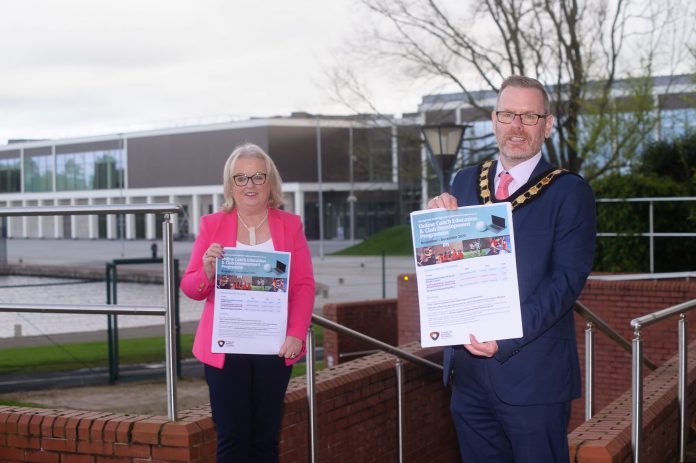 Lord Mayor, Councillor Kevin Savage is joined by Chairman of the Armagh, Banbridge and Craigavon Sports Forum, Edith Jamison, to officially launch the second set of workshops as part of the Coach Education and Club Development Programme for 2020/21.