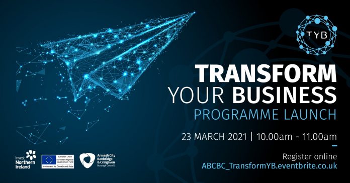 2547. TYB LAUNCH FB POST 1200x628 Graphic with the name of the programme, Transform Your Business and its launch date, 23 March 2021.
