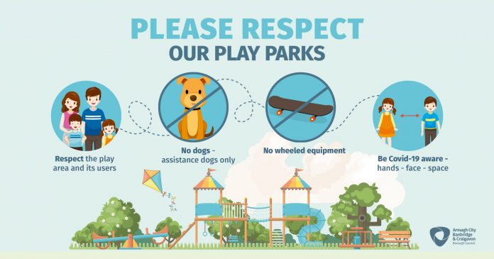 Graphic depicting play park guidance: be Covid-19 aware, no dogs, no wheeled equipment and respect the play park and others in it.