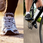 Low angle picture of person running and cycling