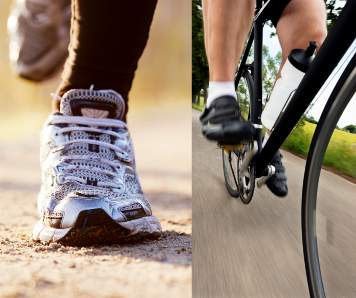 Low angle picture of person running and cycling