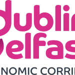 Logo with pink writing saying dublin belfast and grey writing saying economic corridor