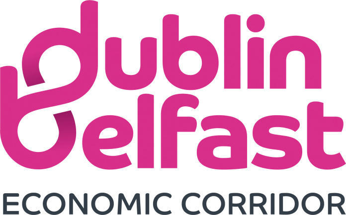 Logo with pink writing saying dublin belfast and grey writing saying economic corridor