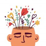 Illustration of human head with flowers depicting wellbeing and self care