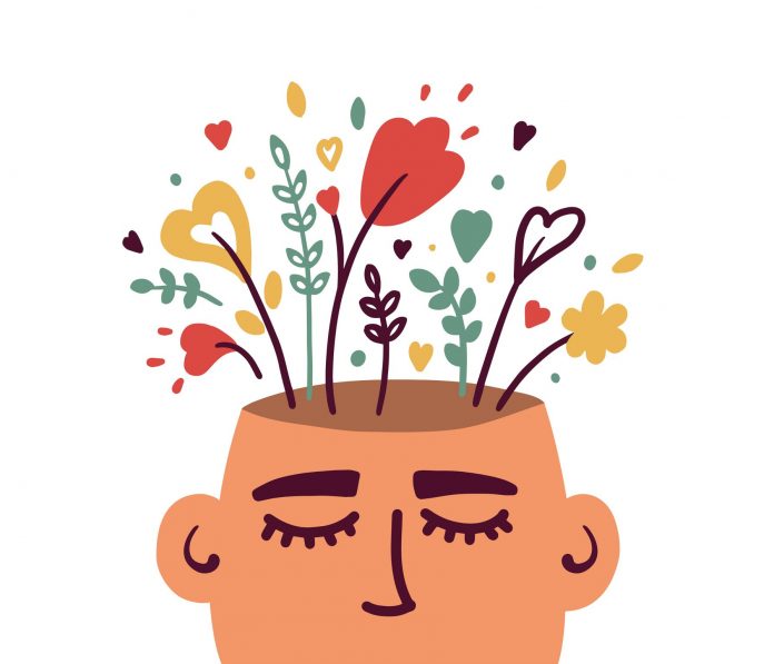 shutterstock_1804516021 Illustration of human head with flowers depicting wellbeing and self care