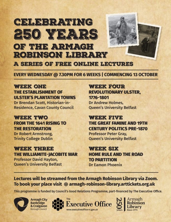 2876. CELEBRATING 250 YEARS ARMAGH ROBINSON LIBRARY 131x170 v2 Free lectures advert