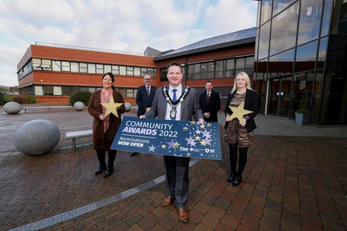 Lord Mayor Alderman Glenn Barr is pictured at the launch of ABC Council’s Community Awards with Diane Stinson (Community Development), Roger Wilson (Chief Executive), Seamus McCrory (Director of Transformation and Head of Department: Community Development) and Nicola Mahood from The Executive Office which is funding the awards.