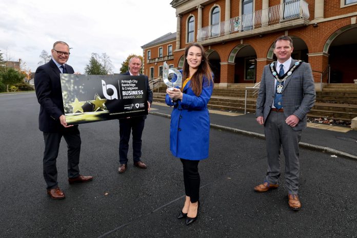 Almost 50 local businesses and business people have made it through to the finals of Armagh City, Banbridge and Craigavon Borough Council’s Business Awards, taking place in person on 24 February in the Seagoe Hotel, Portadown. Pictured launching the awards are: Lord Mayor Glenn Barr, Chair of Economic Development Councillor Declan McAlinden, and Chief Executive Roger Wilson of Armagh City, Banbridge and Craigavon Borough Council, with Amy Bennington from Power NI, associate sponsor.