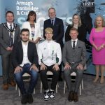 Seated: Tokyo 2021 Olympic Athletes Mark Downey, Daniel Wiffen and Russell White, Standing: Lord Mayor Alderman Glenn Barr, Denise Watson (U105), Roger Wilson, Chief Executive, Beverley Copeland (Ulster Carpets) and Edith Jamison (Chairman of Armagh, Banbridge & Craigavon Sports Forum)