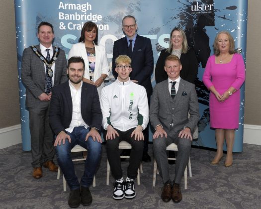 Seated: Tokyo 2021 Olympic Athletes Mark Downey, Daniel Wiffen and Russell White, Standing: Lord Mayor Alderman Glenn Barr, Denise Watson (U105), Roger Wilson, Chief Executive, Beverley Copeland (Ulster Carpets) and Edith Jamison (Chairman of Armagh, Banbridge & Craigavon Sports Forum)
