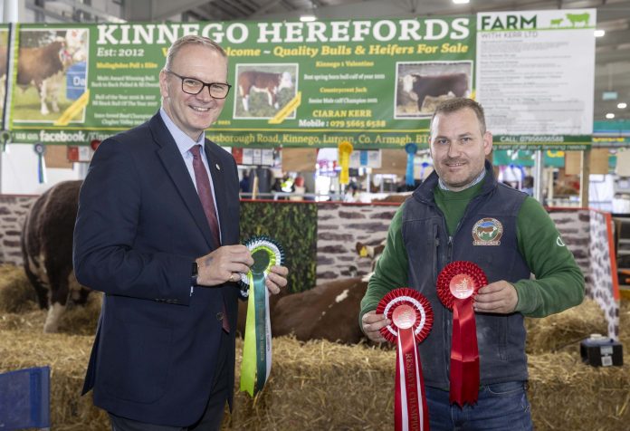 Roger Wilson, (ABC Council Chief Executive) pictured with Ciaran Kerr from Kinnego Herefords, who picked up six prizes in the Hereford classes at this year’s Balmoral show.