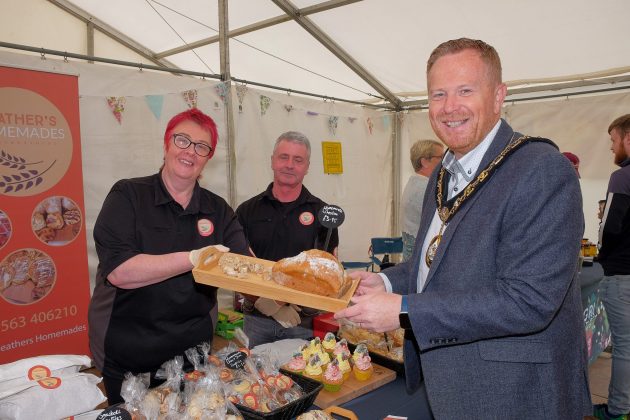 Lord Mayor Councillor Paul Greenfield with Heather and Damian Gilvary from Heather’s Homemades who took part in ABC Council’s Food Heartland showcase stand at the 175th Armagh County Show.