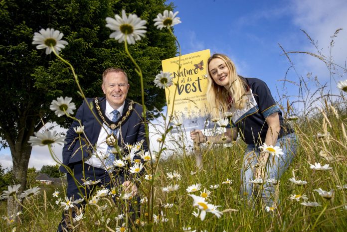 Pictured at Magheralin’s wildflower road verge this week, Lord Mayor of Armagh City, Banbridge and Craigavon, Councillor Paul Greenfield and ABC Council’s Natural Heritage Officer, Maeve Foley.