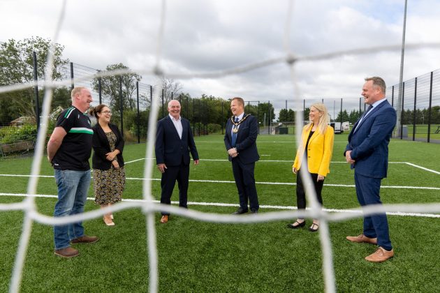 Pictured at Aghacommon’s newly enhanced recreational facilities, Damien Mulholland (Wolfe Tones GAA Club), Emma O’Carroll (ABC Council), Gerry Donnelly (DAERA), Lord Mayor of Armagh City, Banbridge and Craigavon Councillor Paul Greenfield, Roisin McAliskey (SOAR ABC Vice Chair), Councillor Kyle Savage (SOAR ABC Chair).