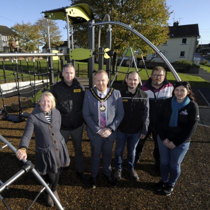 Pictured at the new Thornhill Play Park (L-R) are: Joan Noade (ABC Council); Gareth Wilson (Farrans); Lord Mayor, Councillor Paul Greenfield; Brian McGivern (Farrans); Bryan Orr (ABC Council); and Grace Boyd (Garden Escapes).