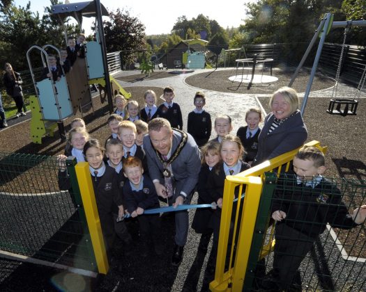 Pictured at the new Thornhill Play Park (L-R) are: Alderman Paul Rankin; Gareth Wilson (Farrans); Councillor Tim McClelland, (Deputy Lord Mayor); Lord Mayor, Councillor Paul Greenfield; Councillor Kyle Savage; Grace Boyd (Garden Escapes); Bryan Orr (ABC Council); Brian McGivern (Farrans); and Councillor Jessica Johnston.