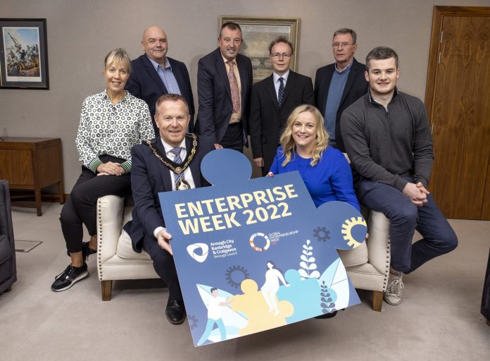Pictured front row L-R: Nicola Wilson (ABC Council); Lord Mayor Councillor Paul Greenfield; Dana McKenna (Armagh Business Centre); and Niall McKevitt (CIDO). Back row L-R: Ciaran Cunningham (Banbridge Enterprise Centre); Alderman Ian Burns (Chair of council’s Economic Development and Regeneration Committee); Adrian Ballantine (Brownlow Ltd.); and Brendan McKenna (Mayfair Business Centre).