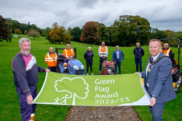 Pictured at the Palace Demesne in Armagh – which won one of the borough’s nine Green Flags this year – are Lord Mayor of Armagh City Banbridge and Craigavon, Councillor Paul Greenfield with council staff Mark Bailie, Steven Gates, Gary Heaney, Rory Johnston, David Mayers, Leanne McShane, Noel Mitchell, and Joel Robinson.