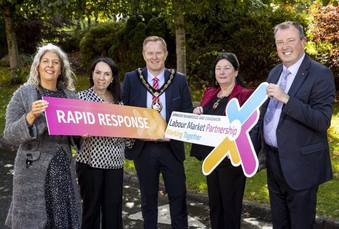 Rapid Response Employment Programme Pictured left to right: Nadine Elliot (People 1st), Jacqueline Bradley (ABC Council), Lord Mayor of Armagh City, Banbridge and Craigavon, Councillor Paul Greenfield, Patricia McEvoy (People 1st) and Alderman Ian Burn (Chair of Economic Development and Regeneration Committee).