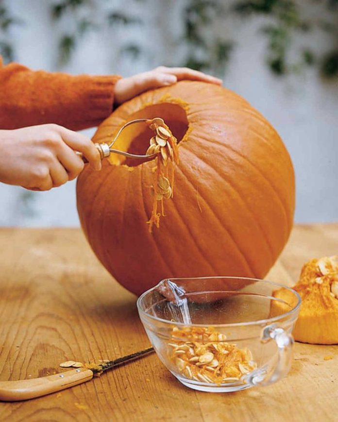 A picture of a pumpkin with the top cut off it and someone scooping out the seeds from inside.