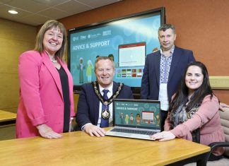 Pictured L-R Julie McCormack (The Executive Office), Lord Mayor Councillor Paul Greenfield, Oleg Shenkaruk (Ukrainians in Northern Ireland Community Group) and Sarah Corrigan (The Law Centre NI).