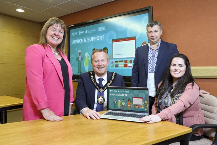 Pictured L-R Julie McCormack (The Executive Office), Lord Mayor Councillor Paul Greenfield, Oleg Shenkaruk (Ukrainians in Northern Ireland Community Group) and Sarah Corrigan (The Law Centre NI).