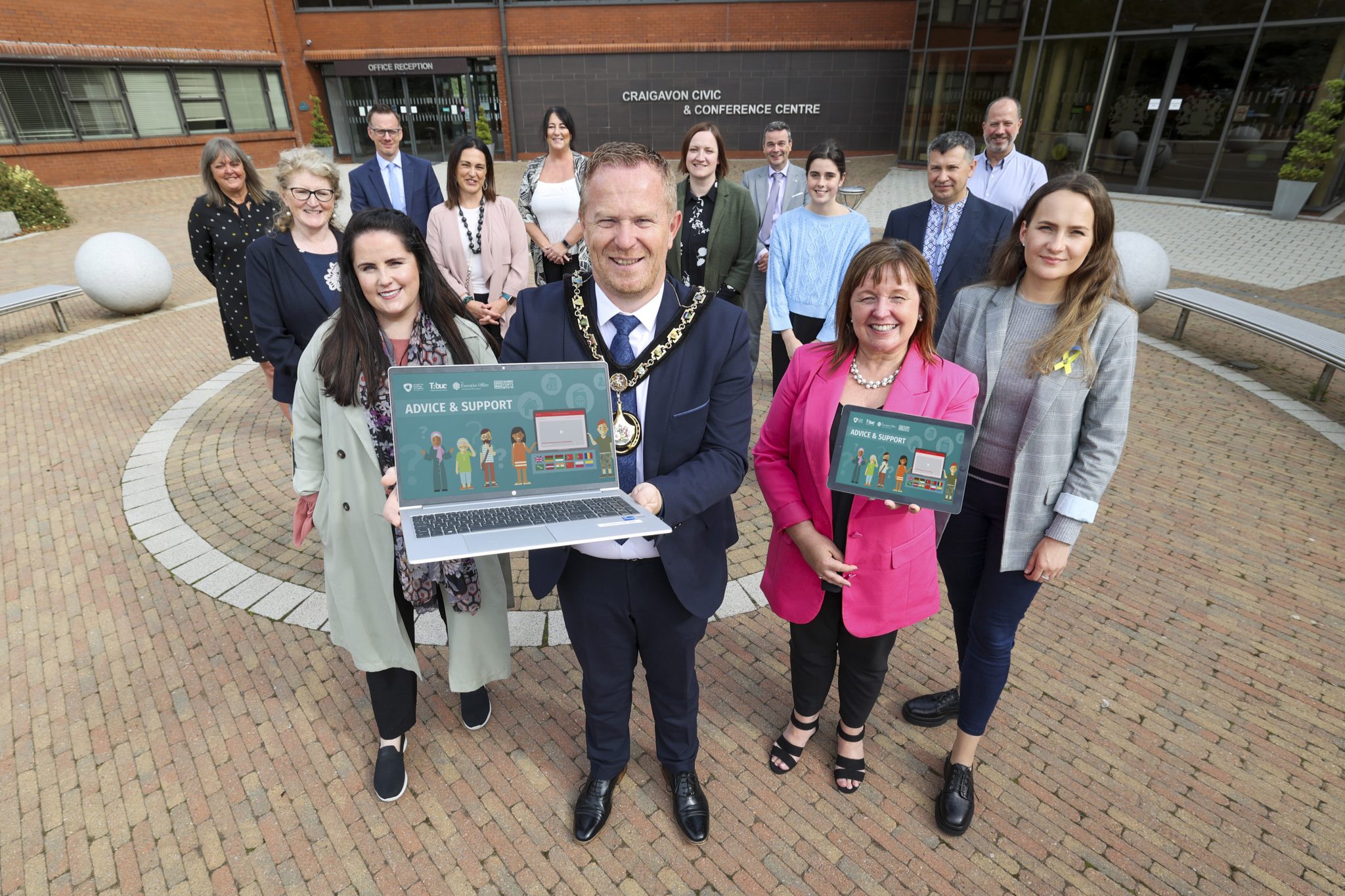 Lord Mayor of Armagh City, Banbridge and Craigavon Councillor Paul Greenfield pictured alongside representatives from the Law Centre NI, The Executive Office, Ukrainians in Northern Ireland Community Group and ABC Council officials at the launch of ABC Council’s new multi-lingual information hub. 