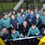 Lord Mayor of Armagh City, Banbridge and Craigavon, Councillor Paul Greenfield cuts the ribbon to officially launch newly refurbished Drumbreda Play Park in Armagh – much to the delight of students from nearby St Patrick’s P.S.