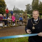 Lord Mayor of Armagh City, Banbridge and Craigavon, Councillor Paul Greenfield officially opens new play park in Scarva Park, much to the delight of local children from nearby Scarva Primary School.