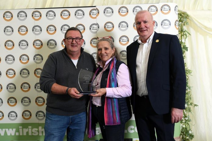 Bob and Susie from Burren Balsamics, Richhill are presented with the Award for Best in County by John Sheehy (right) from Blas na hÉireann.