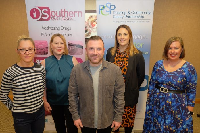 Pictured at the Community Wellbeing event, Armagh, Banbridge and Craigavon PCSP Chair, Councillor Thomas Larkham with Ciara Doris (Start360) and Patricia Gibson, Aisling Gillespie, and Lynette Cooke (ABC PCSP).