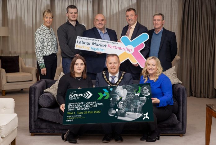 Lord Mayor of Armagh City, Banbridge and Craigavon, Councillor Paul Greenfield announces plan for month-long employability and skills programme in the New Year - entitled Get Future Ready. Pictured front row left to right, Sylvia Moorhead (SRC), Lord Mayor Councillor Paul Greenfield, and Dana McKenna (Armagh Business Centre). Pictured back row left to right Nicola Wilson (ABC Council), Niall McKevitt (CIDO), Ciaran Cunningham (Banbridge District Enterprises), Alderman Ian Burns, (Chair of council’s Economic Development and Regeneration Committee) and Brendan McKenna (Mayfair Business Centre).