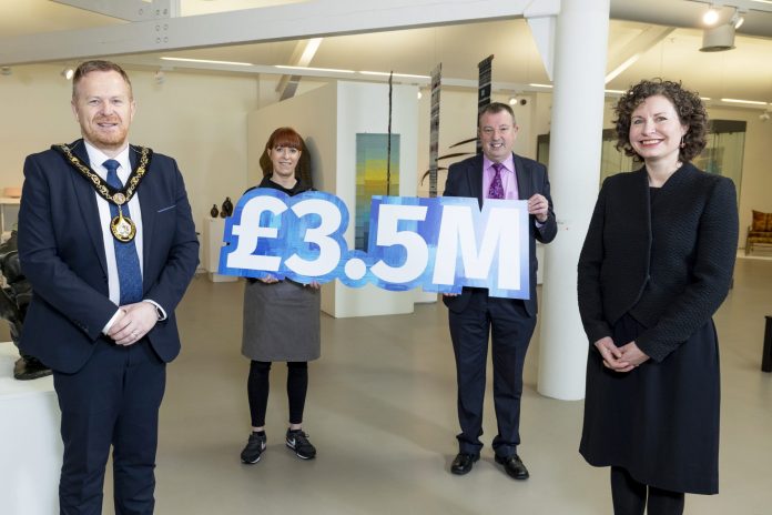 Pictured at the official announcement of the £3.5 million Levelling Up fund for F. E. McWilliam Gallery and Studio (L-R) Lord Mayor Councillor Paul Greenfield, Heather Beck, Manager, Chair of the Economic and Regeneration Committee ABC Council, Alderman Ian Burns, and Riann Coulter, Curator and Manager.