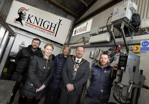 Lord Mayor Councillor Paul Greenfield meets Gary Knight of Knight Design and Fabrication. Also pictured are welder Nathan Ingram, Council Head of Economic Development Nicola Wilson and Economic Development Officer Joanne Millar.
