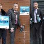 The Lord Mayor, Councillor Paul Greenfield refills his reusable water bottle at a Water Refill Point in Portadown People's Park along with Tracy Fitzpatrick, Environmental Education Officer, David Mayers, Park Manager and Roisin O'Hagan, Sports Development.