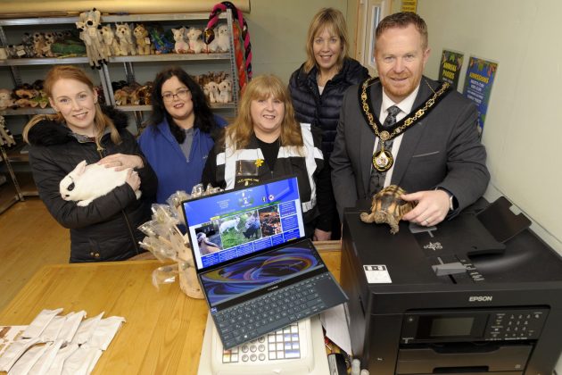 Lord Mayor Councillor Paul Greenfield, accompanied by Council Head of Economic Development Nicola Wilson and Economic Development Officer Joanne Millar, meet Christine and Elaine McCreery from C&J's Animal Farm.