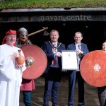 Lord Mayor Councillor Paul Greenfield pictured with Marcellus Kearney (Egyptian), Adam Trotter (Viking), Paul Derby (Education Officer) and Rosaleen Litter (Celt).