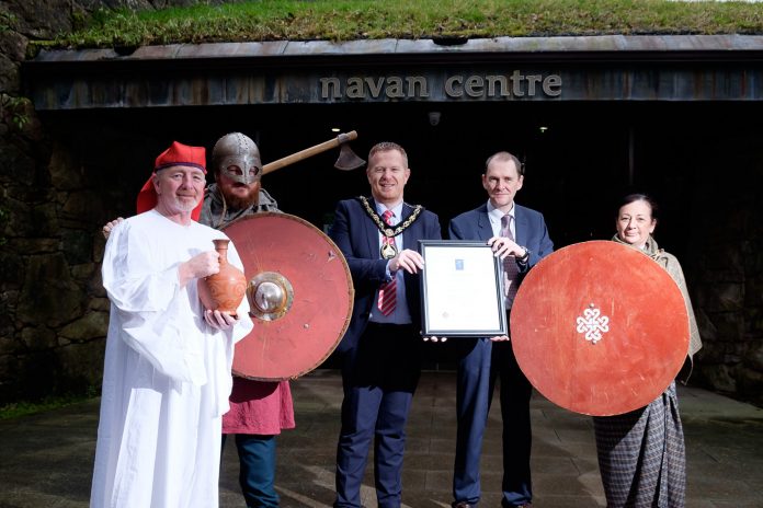 Lord Mayor Councillor Paul Greenfield pictured with Marcellus Kearney (Egyptian), Adam Trotter (Viking), Paul Derby (Education Officer) and Rosaleen Litter (Celt).