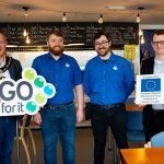 Pictured (left to right) Lord Mayor Councillor Paul Greenfield, Harry Singer, Co-owner of Roast and Roll, Aaron Bushby, Co-owner of Roast and Roll and Samuel Marshall, business advisor at the Banbridge Enterprise Centre.