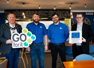 Pictured (left to right) Lord Mayor Councillor Paul Greenfield, Harry Singer, Co-owner of Roast and Roll, Aaron Bushby, Co-owner of Roast and Roll and Samuel Marshall, business advisor at the Banbridge Enterprise Centre.