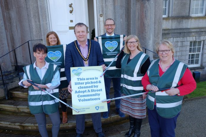 Pictured at the unveiling of the new Adopt-a-Street scheme brand at the Palace, Armagh are L – R, Helen Donnelly (Tullysarran Community Group), Kate Campbell (ABC Council), Deputy Lord Mayor, Cllr Tim McClelland, Paul McCullough (ABC Council), Majella Geraghty (Armagh Volunteer) and Eileen Canavan (Ballymacnab LHLH Group)