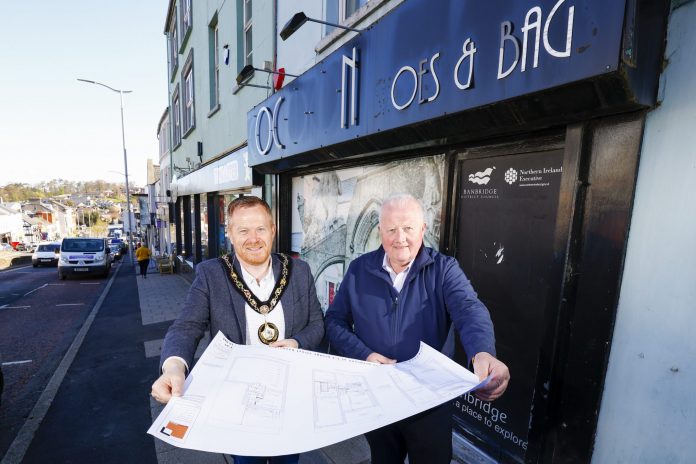 Lord Mayor of Armagh City, Banbridge & Craigavon, Cllr Paul Greenfield and programme applicant John O'Neill discuss renovation plans for 5 Bridge Street, Banbridge, which will see the transformation of the property to bring it back into commercial use.